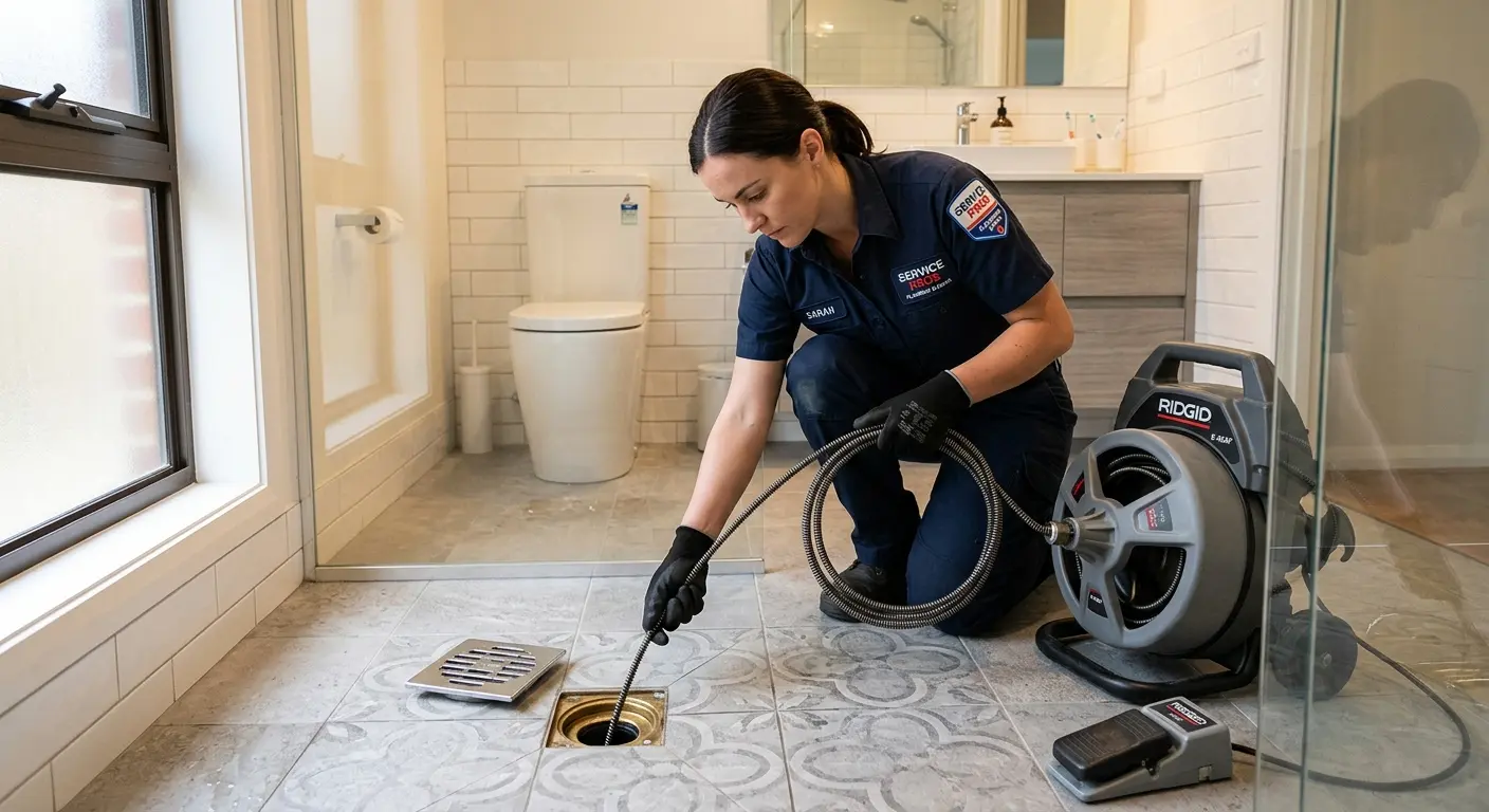 Technician clearing a bathroom floor drain for Sewer Line Installation in Leisure City